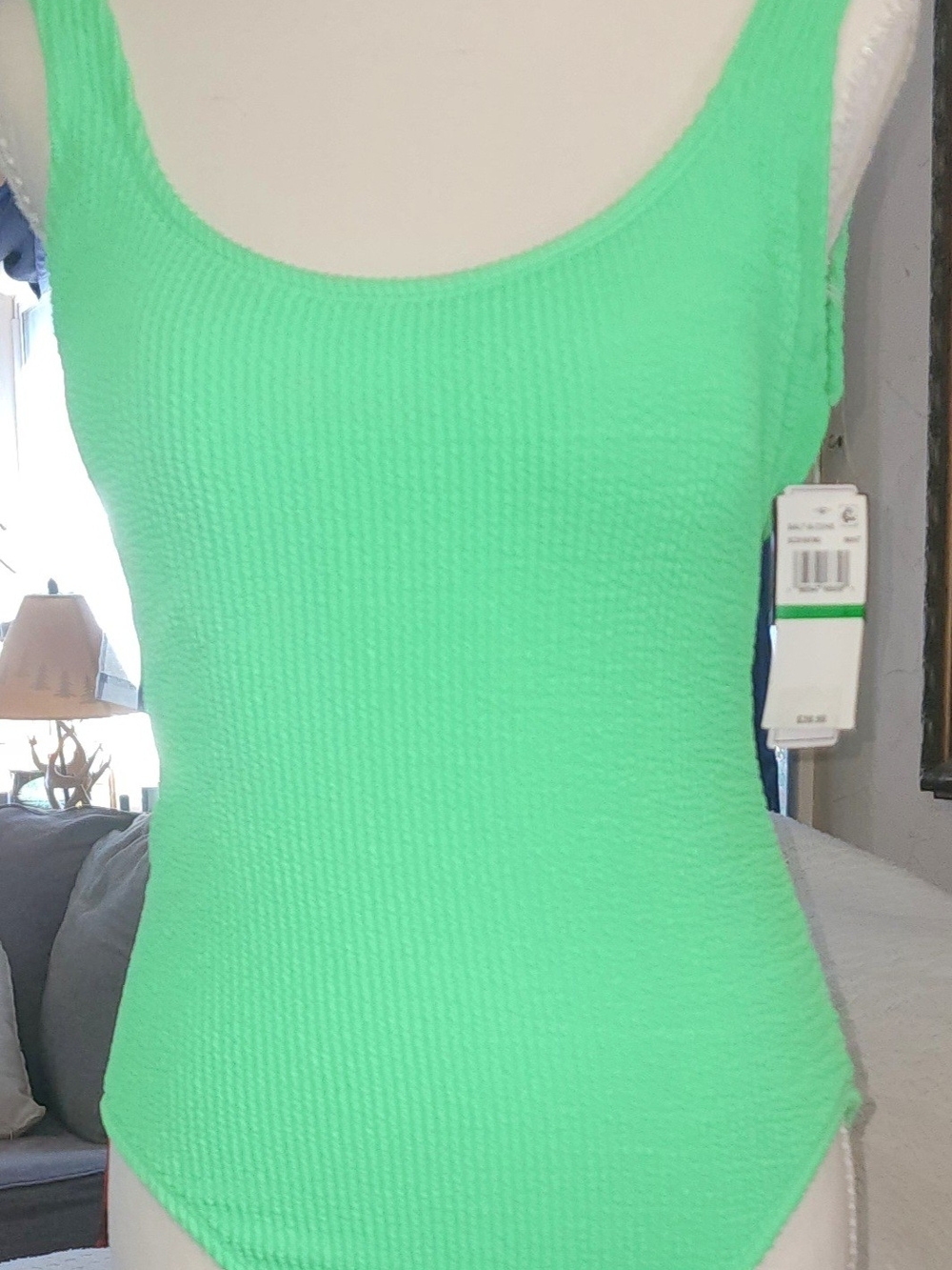 Macy's Bright Mint Green Ribbed Scoop Swim Bodysuit Sz LRG NWT